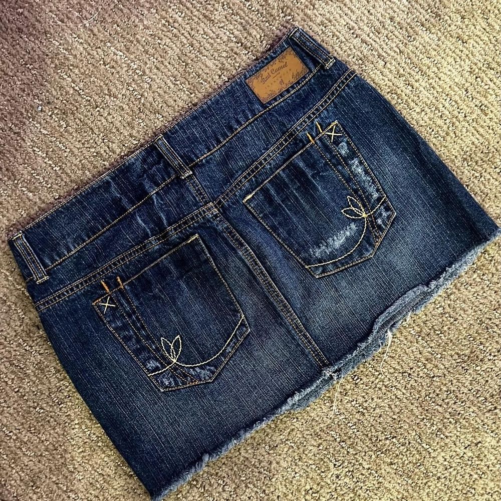 vtg low rise red camel dark wash denim mini skirt